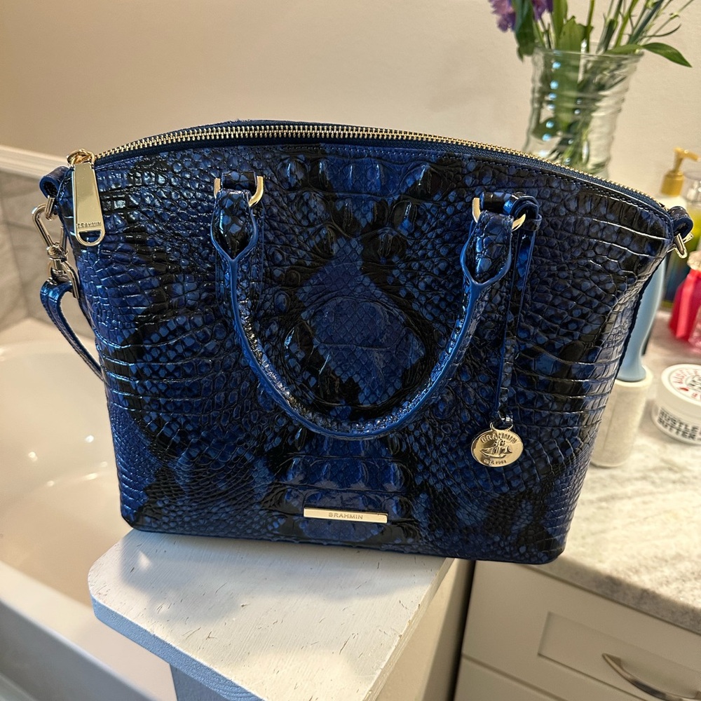 Brahmin Blue and Black Snake Print Satchel